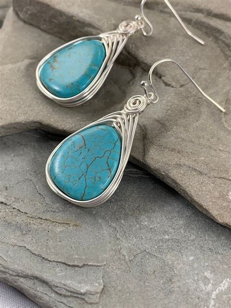Turquoise Drop Earrings Silver Wire Wrapped Blue Howlite Etsy