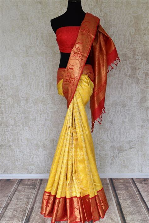 90h407 Yellow Kanchipuram Silk Saree With Red Zari Border Saree Designs Indian Designer