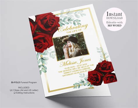 4 Page Red Gold Funeral Program Template Celebration Of Life Etsy
