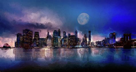 Dramatic Night View New York City Skyline Watercolor Sketch Painting By