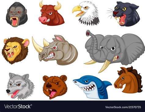 Cartoon Angry Animals Head Collection Set Vector Image