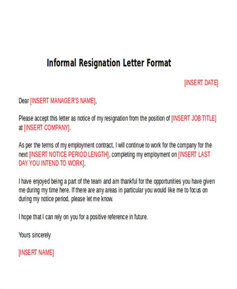 Free 4 Sample Informal Resignation Letter Templates In Pdf Ms Word