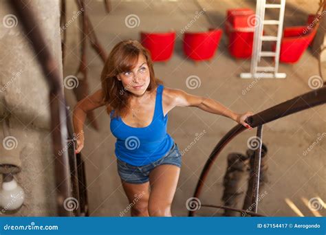 Beautiful Woman Climbing The Stairs Stock Image Image Of Attractive Happy 67154417