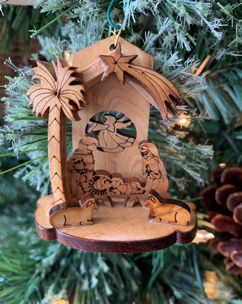 Hand Carved Olive Wood Grotto Christmas Ornament 3inches Item 3279