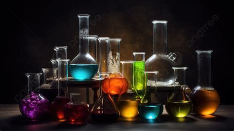 Lots Of Colorful Science Beakers On A Table Background Picture Of