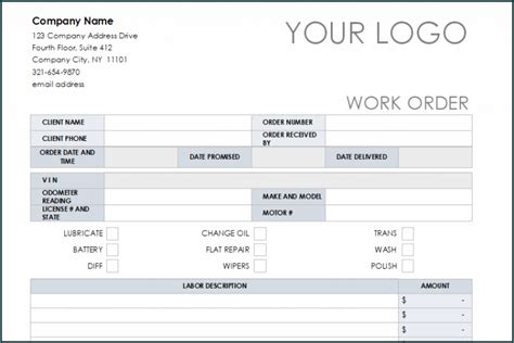 》free Printable Work Order Template Excel