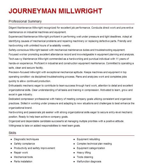 Journeyman Millwright Resume Example