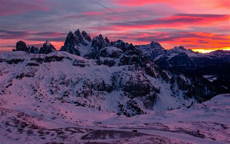 Download Wallpaper 1680x1050 Mountain Snow Peaks Sunset Tre Cime Di