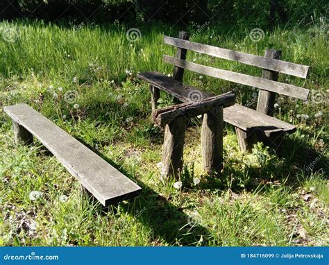 Wooden Picnic Table And Bench In A Forest Quiet Place Stock Image