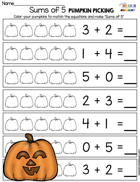 Pumpkin Addition Sums Of Five Kindergarten And First Grade Fall