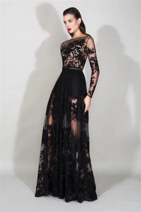 Resort 2016 Zuhair Murad Black Lace A Line Prom Dresses Illusion Bodices Sheer Long Sleeves