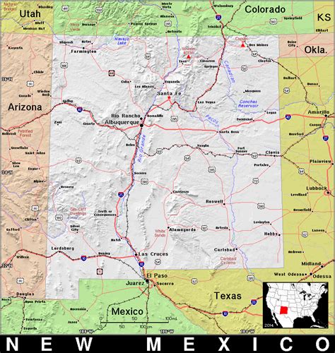 This new mexico shaded relief map shows the major physical features of the state. NM · New Mexico · Public Domain maps by PAT, the free ...