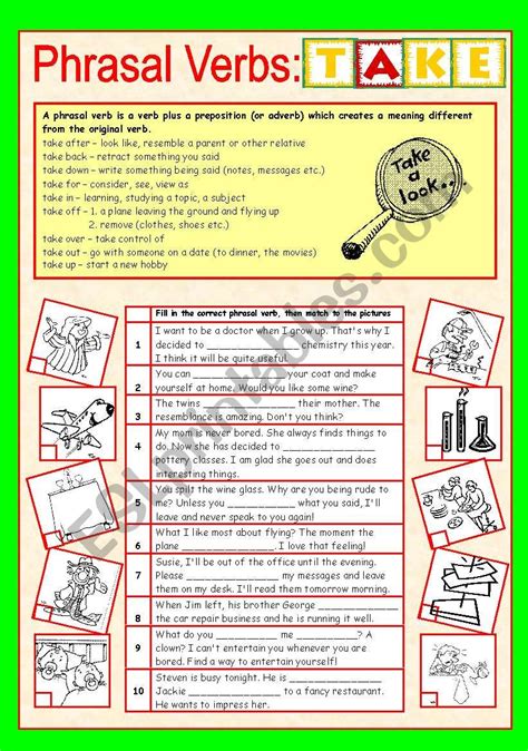 Phrasal Verbs 610 Take Esl Worksheet By Sharon F