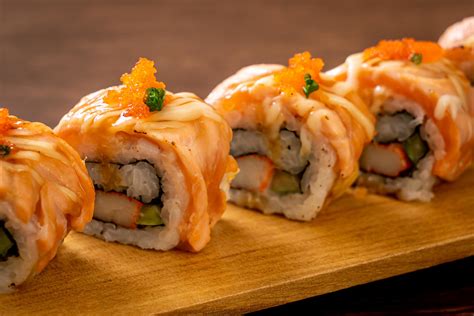 Grilled Salmon Sushi Roll With Sauce Japanese Food Style 2839004