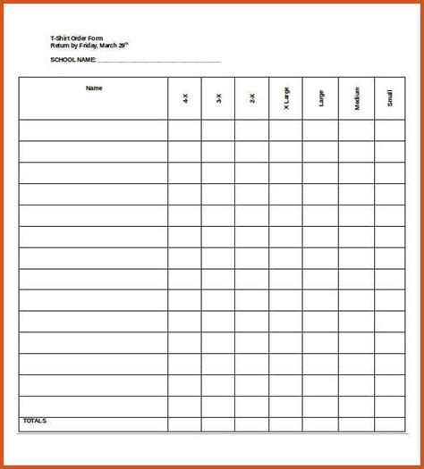 Blank t shirt order form