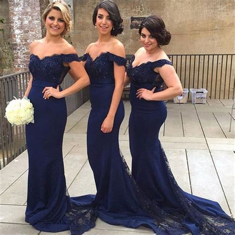 Sparkly Navy Blue Bridesmaid Dresses Off The Shoulder Applique Lace