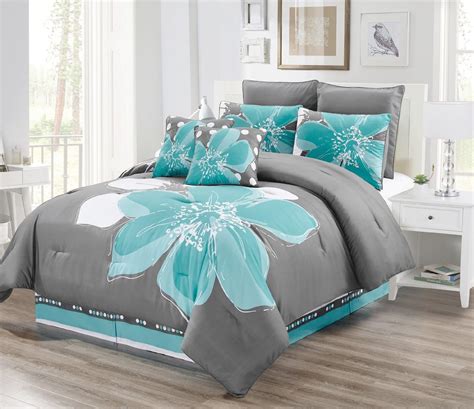 6 Piece Aqua Blue Grey White Floral Comforter Set Twin