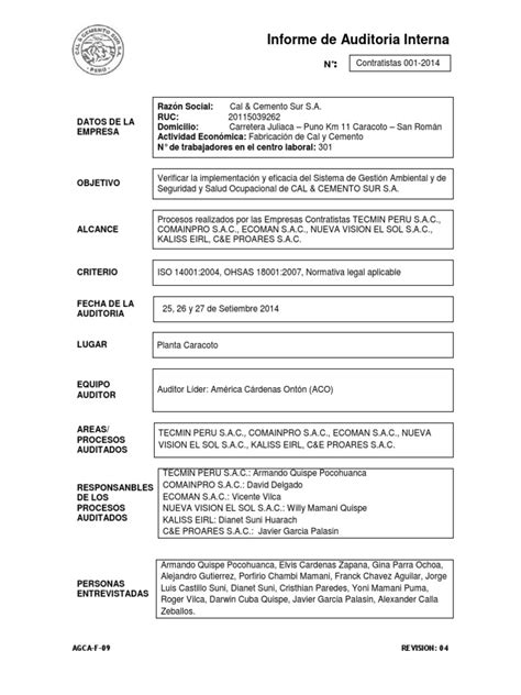 Informe De Auditoria Interna 001 2014 Contratistas Degradación