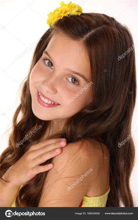 Portrait Happy Young Teenage Girl Close Pretty Preteen Dark Hair Stock