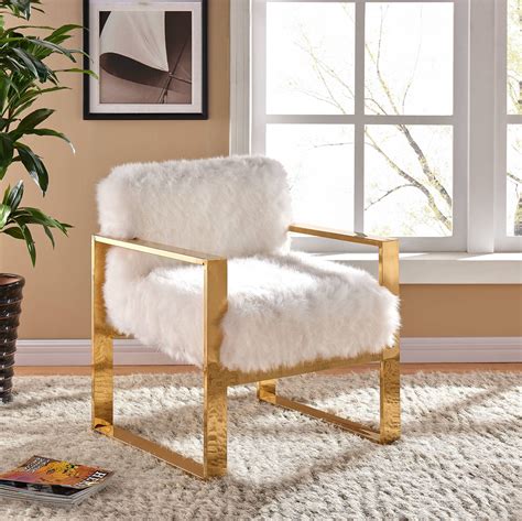 Create an inviting atmosphere with new living room chairs. Milo White Fur Gold Stainless Steel Accent Chair ...