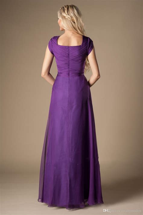 Purple Ruched Chiffon Modest Bridesmaid Dresses Cap Sleeves Long A Line