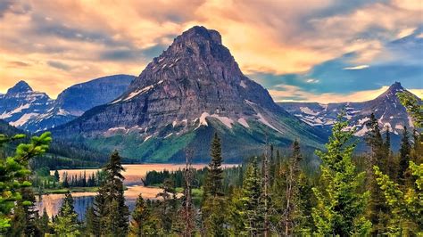 Sunrise Mountain Clouds Forest Cliff Lake Trees Nature