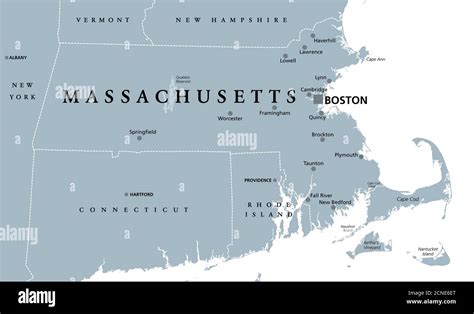 Massachusetts Gray Political Map With Capital Boston Commonwealth Of