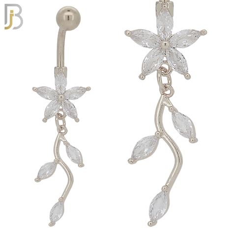 316l Stainless Steel Flower With Dangling Vine With Zircon Belly Ring Body Jewelz