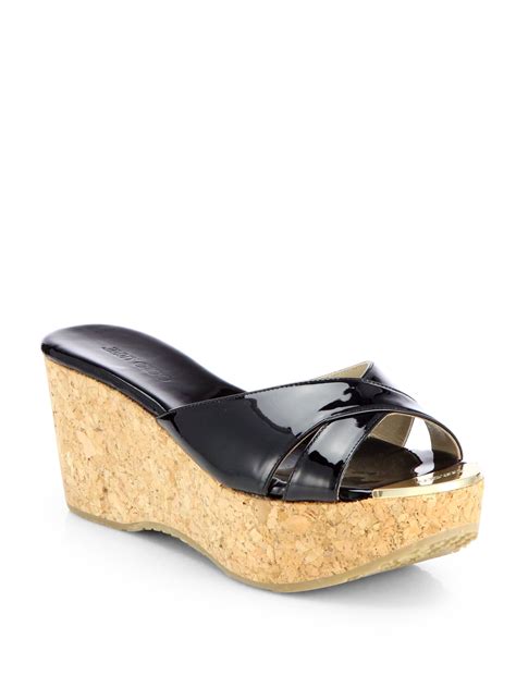 Jimmy Choo Prima Patent Leather Cork Wedge Sandals In Black Lyst