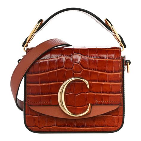 Chloe Calfskin Crocodile Embossed Mini C Double Carry Chestnut Brown Fashionphile