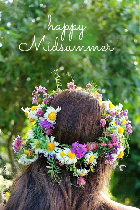 Happy Midsummer Rear View Of Woman With Flowers Wreath Floral Crown