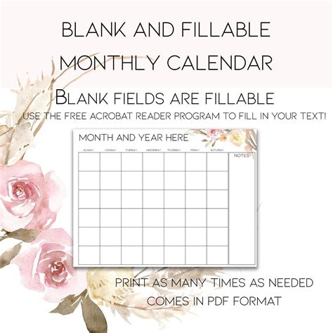 Blank And Fillable Calendar With Pink Flowers