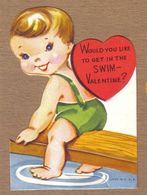 Vntg 1950s Childs Valentines Card Little Boy Diving Board Green Swim