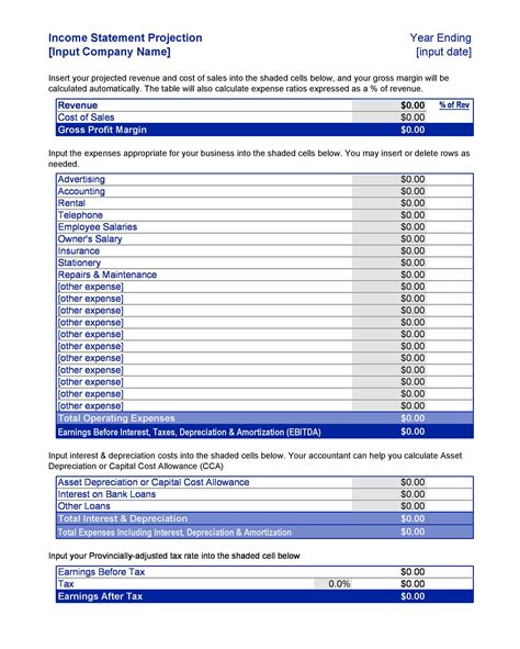 Income Projection Statement Template