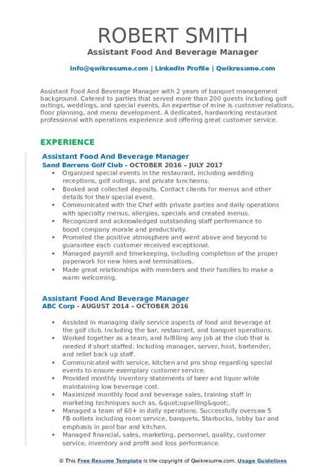 Resume format and layout guidance. Assistant Food and Beverage Manager Resume Samples | QwikResume