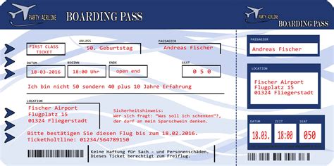 Flugticket vorlage zum bearbeiten : Einladungskarten Flugticket Blau Geburtstag 18. 20. 30. 40 ...