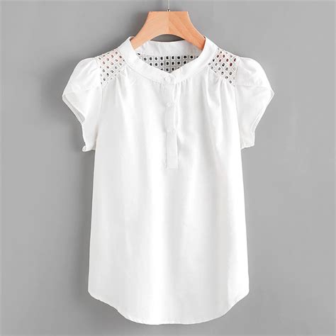 2019 Women Blouse Tops Summer Hollow Top Casual Loose Short Sleeve Solid Lace V Neck Chiffon