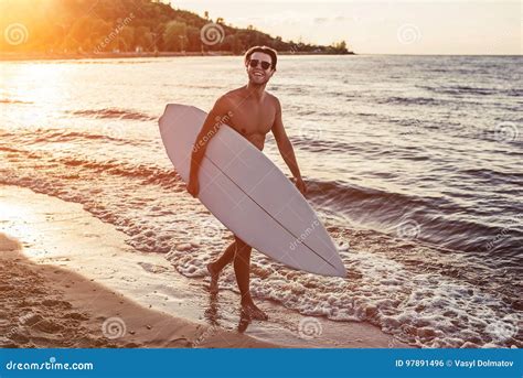 Young Man With Surfboard Stock Photo Image Of Male Shirtless 97891496