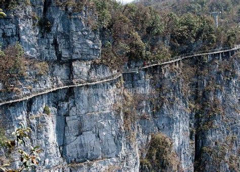 A Plank Road Built Along A Cliff In Tianmen Mountains