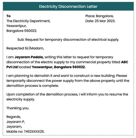 Sample Letter Of Disconnection Of Utilities