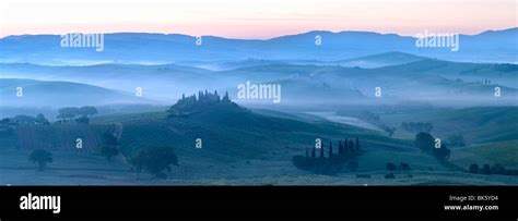 Misty Dawn Panoramic View Across Val Dorcia Unesco World Heritage