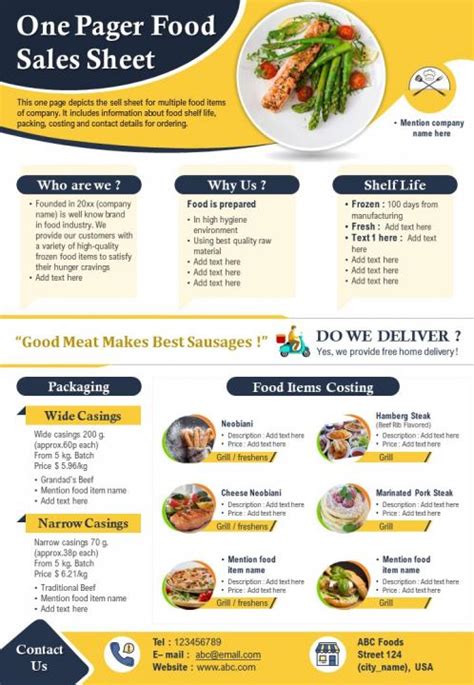 One Pager Food Sales Sheet Presentation Report Infographic Ppt Pdf