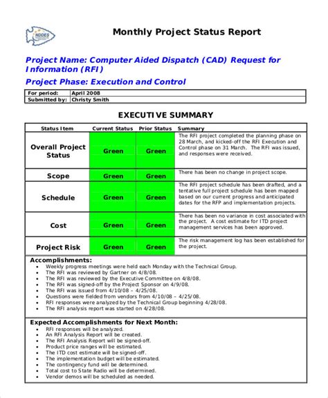 Monthly Status Report Template 6 Professional Templates Project