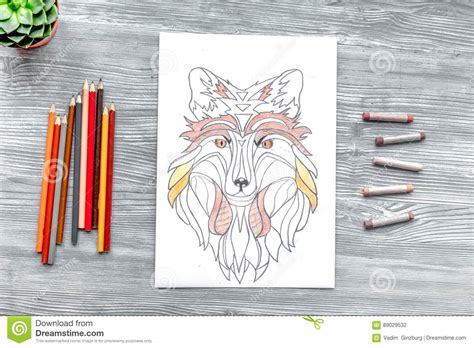 Coloring Picture for Adults on Wooden Background Top View Stock
