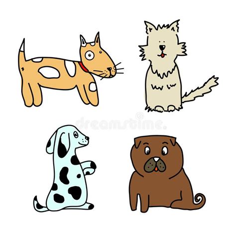 Set Of Funny Cute Dogs Colored Doodle Cartoon Style Hand Draw Cute