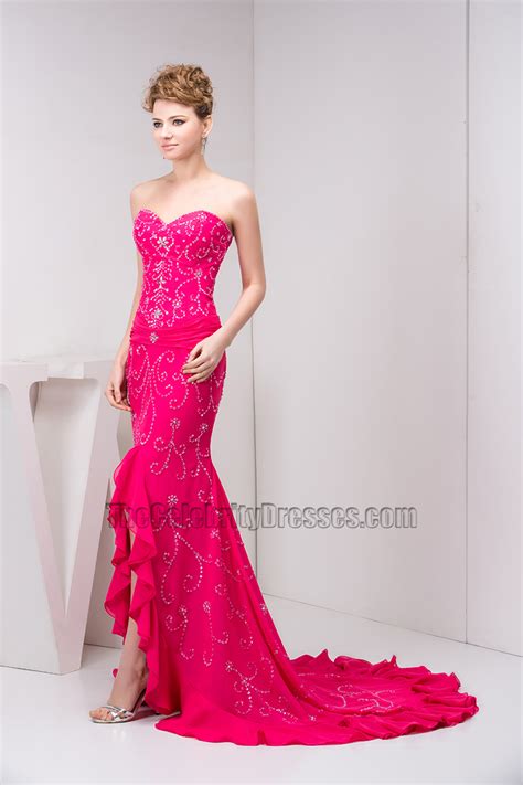 Fuchsia Strapless Formal Gown Evening Prom Dress With Beadwork Thecelebritydresses