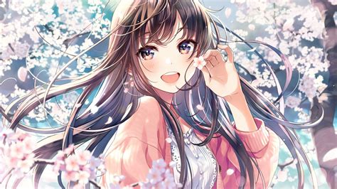 Download 1920x1080 Anime Girl Pretty Brown Hair Smiling Cherry Blossom Wallpapers For