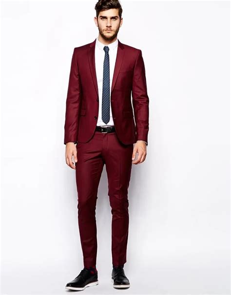 Fashion Style Two Button Dark Red Groom Tuxedos Groomsmen Mens Wedding