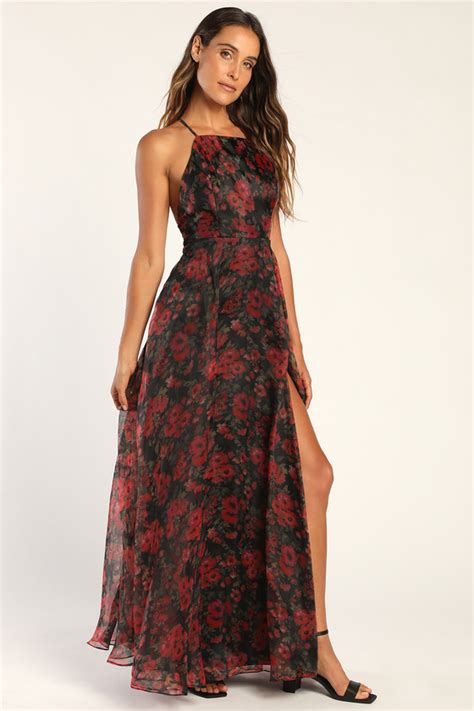 Black Floral Print Dress Maxi Organza Gown Backless Gown Lulus