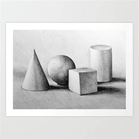 Drawing Illustration Of Still Life Composition With Cylinder Sphere